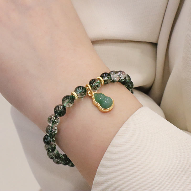 Natural Green Phantom Quartz Beaded Charm Bracelet with Buddha or Wu Lou Gourd