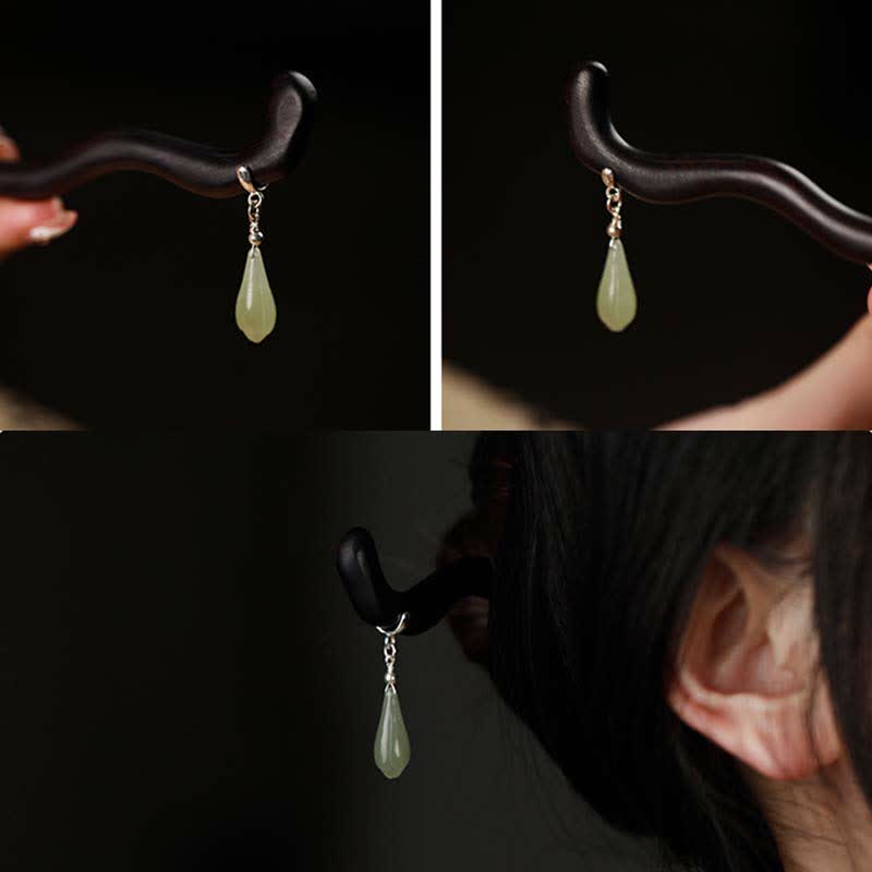 925 Sterling Silver Natural Hetian Jade Ebony Wood Luck Charm Hairpin