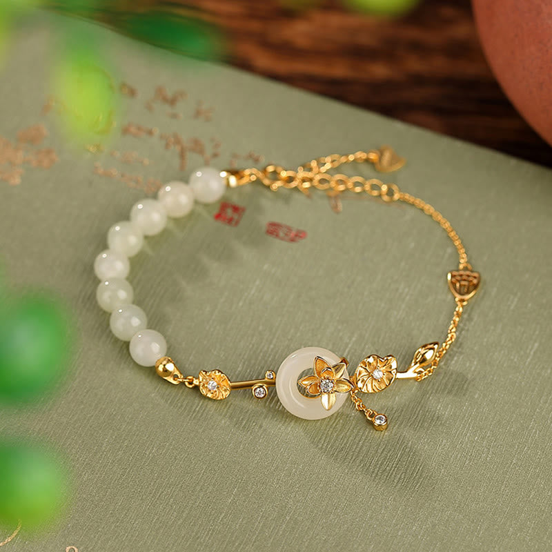 925 Sterling Silver Hetian Jade Peace Buckle Lotus Luck Chain Bracelet