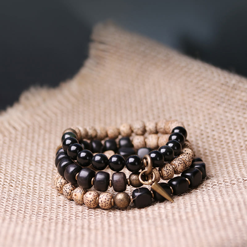 Tibetan Bodhi Seed Black Obsidian Ebony Wood Copper Peace Bracelet