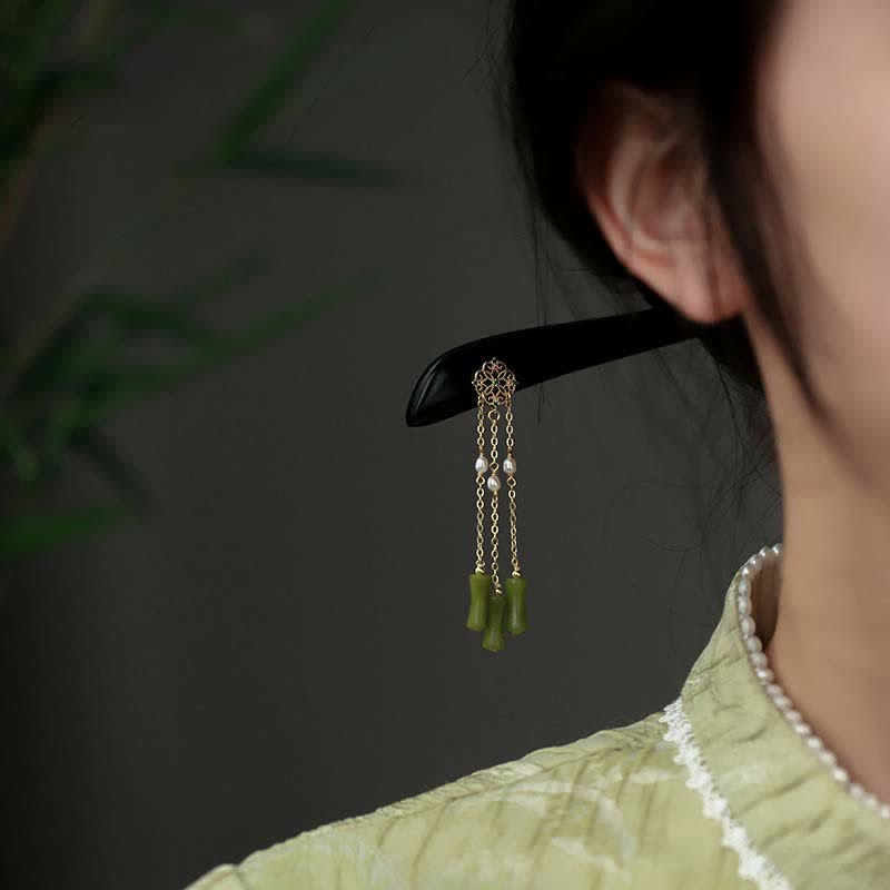 Natural Peridot Ebony Wood Love Tassels Hairpin