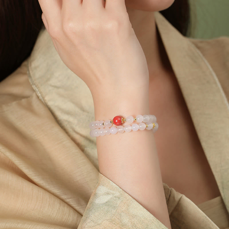 Natural White Agate and Cinnabar 925 Sterling Silver Double Wrap Bracelet