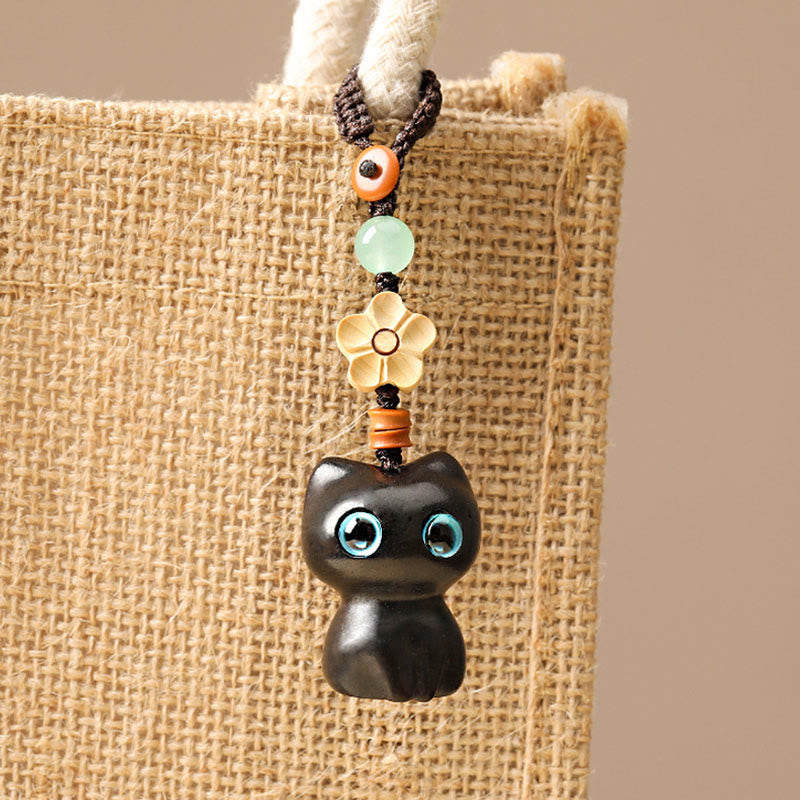 Hand-Carved Lucky Cat Wood Charm with Green Aventurine, Boxwood & Olive Wood Phone Keychain