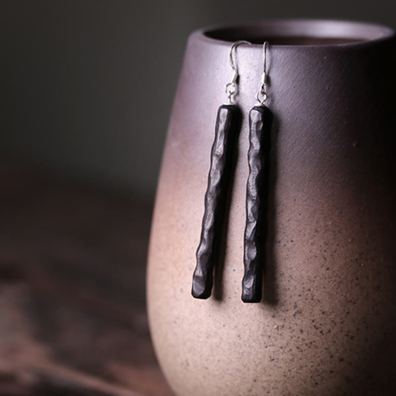 925 Sterling Silver Ebony Wood Texture Balance Peace Drop Dangle Earrings