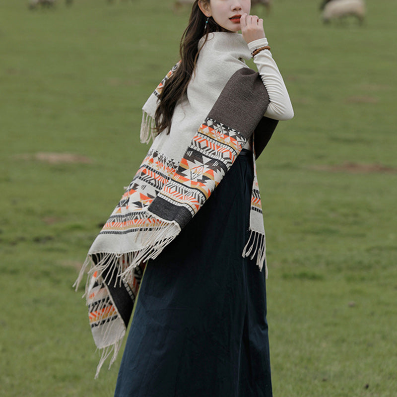 Tibetan Shawl Colorful Geometry Winter Cozy Travel Scarf Wrap