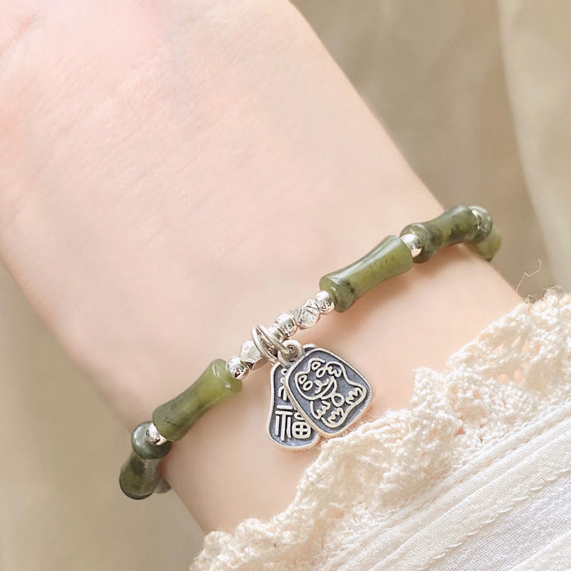 925 Sterling Silver Bamboo Jade Lucky Cat Fu Character Luck Abundance Bracelet