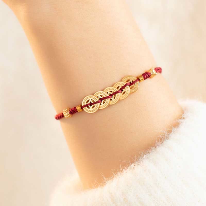 Hand-Braided Copper Tree of Life & Chinese Coin Red String Bracelet