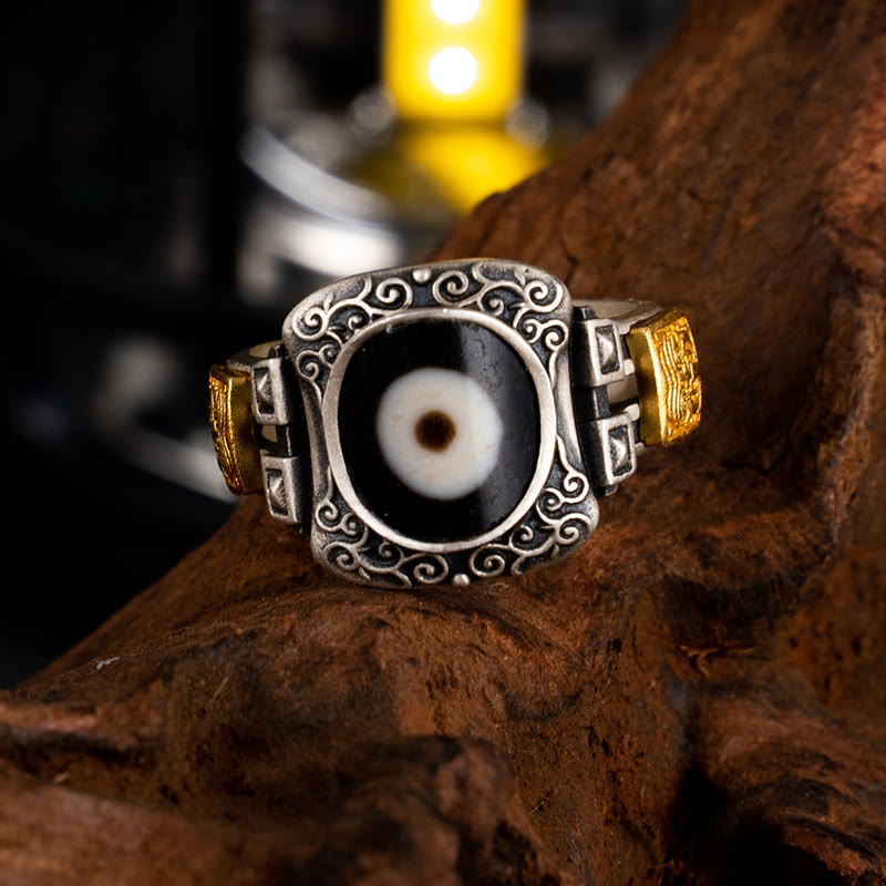 925 Sterling Silver & Gold Zakiram Dzi Bead Adjustable Ring