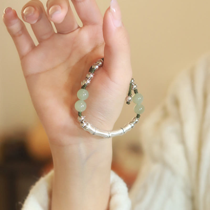 925 Sterling Silver Natural Hetian Jade Bamboo and Fu Character Resilience Bracelet