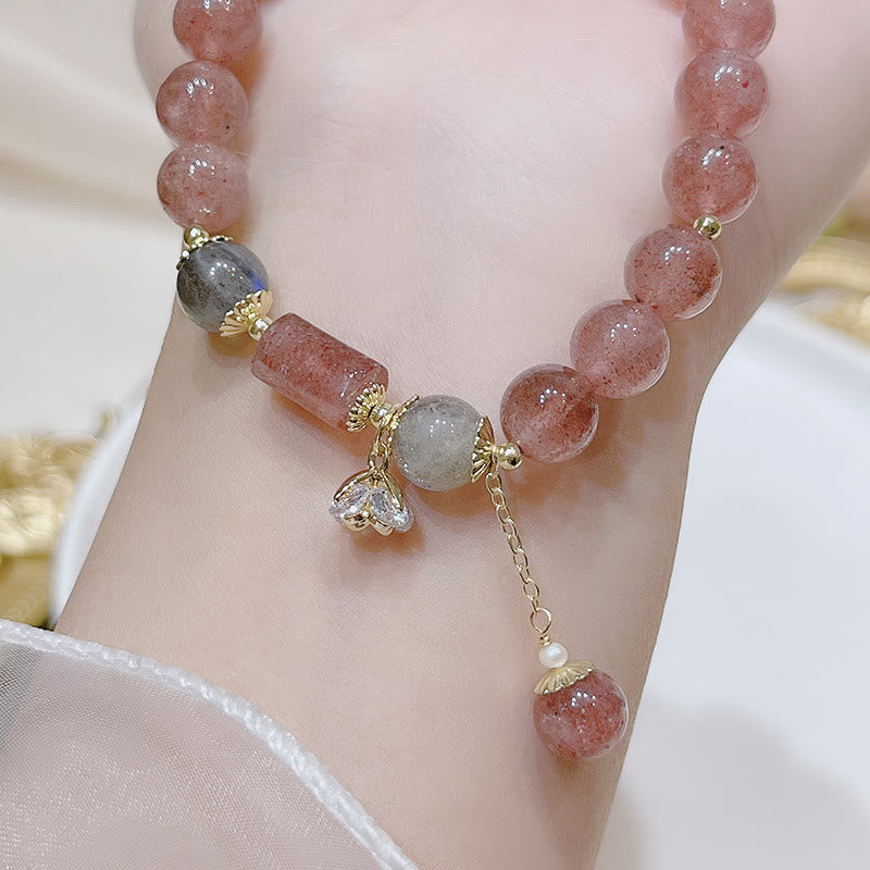 Natural Strawberry Quartz and Moonstone Stretch Gemstone Bracelet