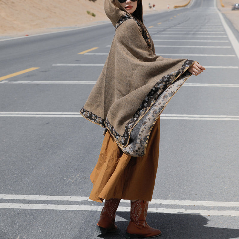 Tibetan Shawl Border Small Floral Flower Hooded Cloak Winter Cozy Travel Scarf Wrap