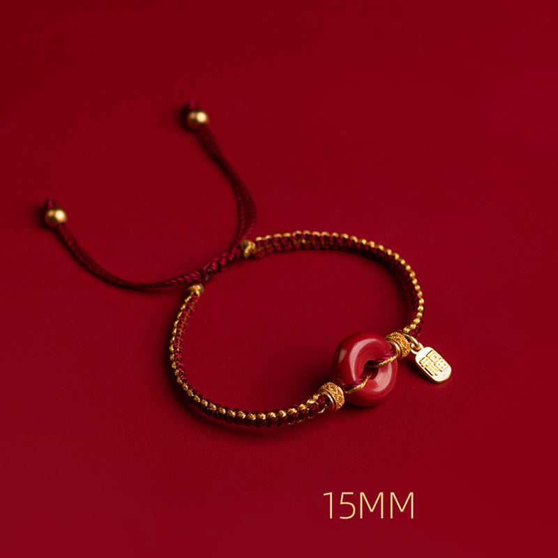 Natural Cinnabar Peace Buckle Fu Character Charm Blessing Braided Bracelet