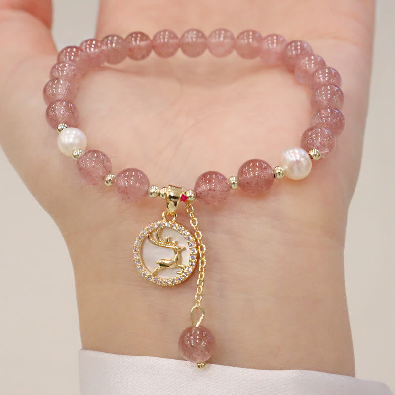 Strawberry Quartz Pearl Elk Smiley Face Fishtail Fu Character Charm Healing Bracelet