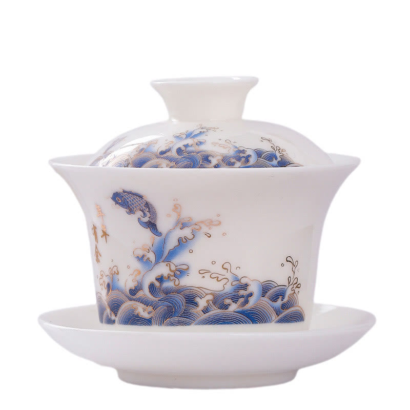 White Porcelain Mountain Landscape Countryside Ceramic Gaiwan Teacup Kung Fu Tea Cup And Saucer With Lid