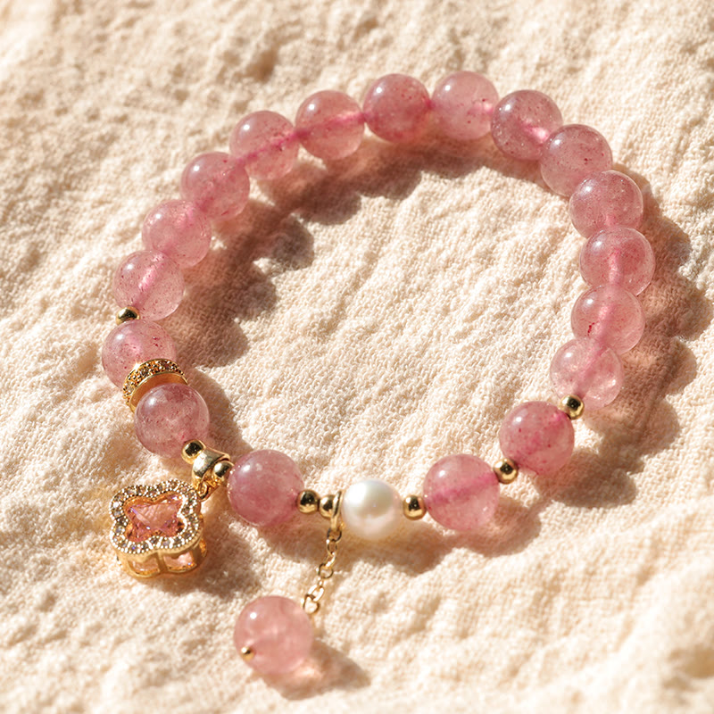 Strawberry Quartz & Pearl Bracelet with Four-Leaf Clover Charm