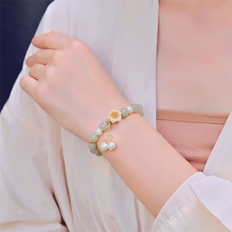 Handcrafted Hetian Jade and Pearl Flower Bracelet for Emotional Balance