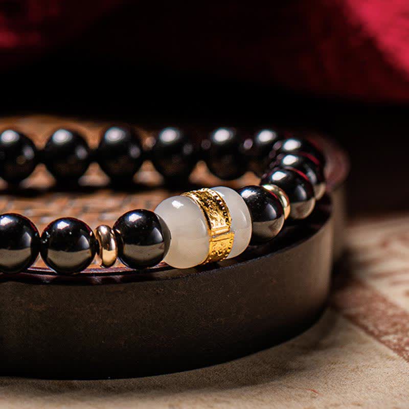 Magnetic Black Obsidian and Jade Om Mani Padme Hum Mantra Gold Plated Couple Bracelet