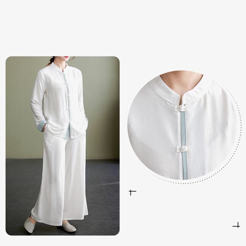 2Pcs Tang Suit Long Sleeve Shirt Top Pants Meditation Zen Tai Chi Cotton Linen Clothing Women's Set
