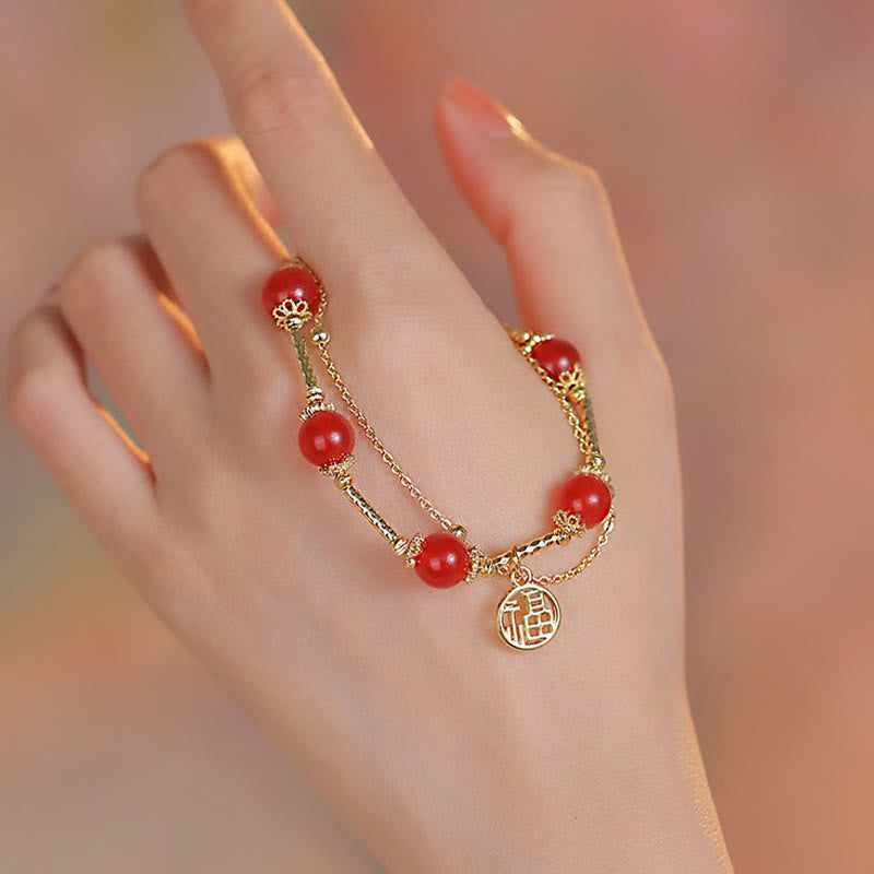 Red Agate and Copper Fu Character Charm Bracelet for Self-Acceptance