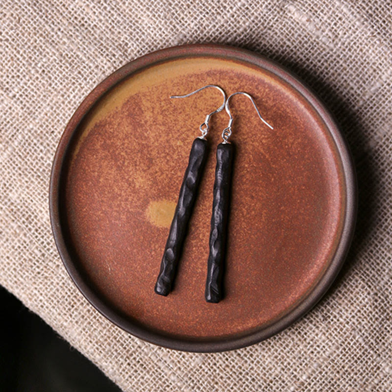 925 Sterling Silver Ebony Wood Texture Balance Peace Drop Dangle Earrings