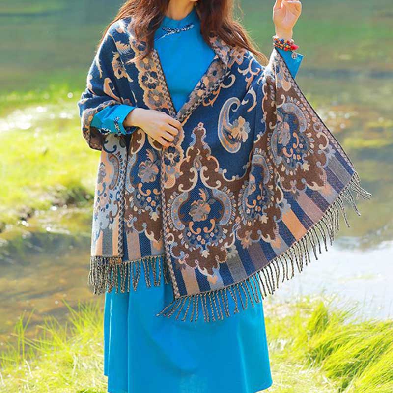 Tibetan Flowers Leaves Branch Design Tassel Shawl Cozy Travel Scarf Wrap