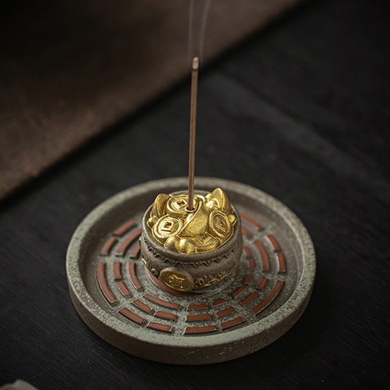 Ceramic Bagua Tray & Symbolic Wealth Vessel Stick Incense Burner
