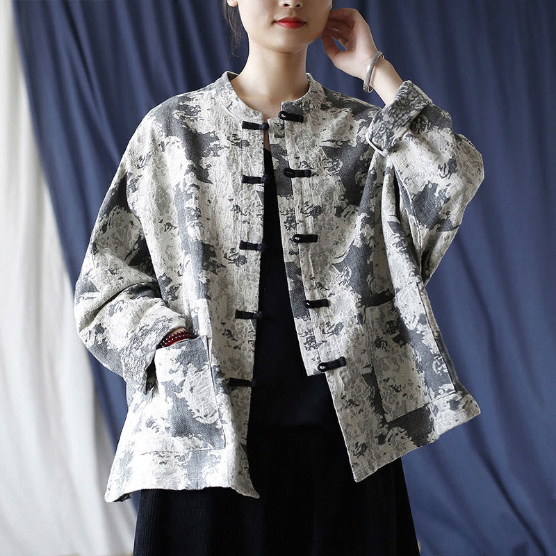 Black Gray Print Frog-button Design Long Sleeve Cotton Linen Jacket Shirt With Pockets