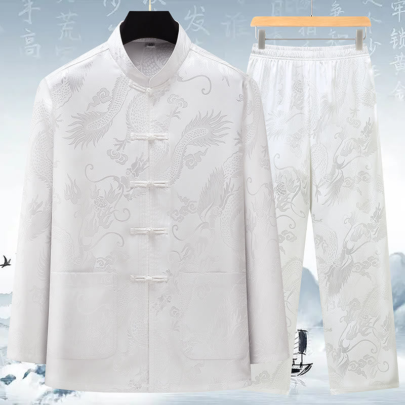 Tang Suit Men Hanfu Chinese Dragon Traditional Clothes Kung Fu Shirt Uniform Long Sleeved Coat Tops and Pants Clothing Men's Set