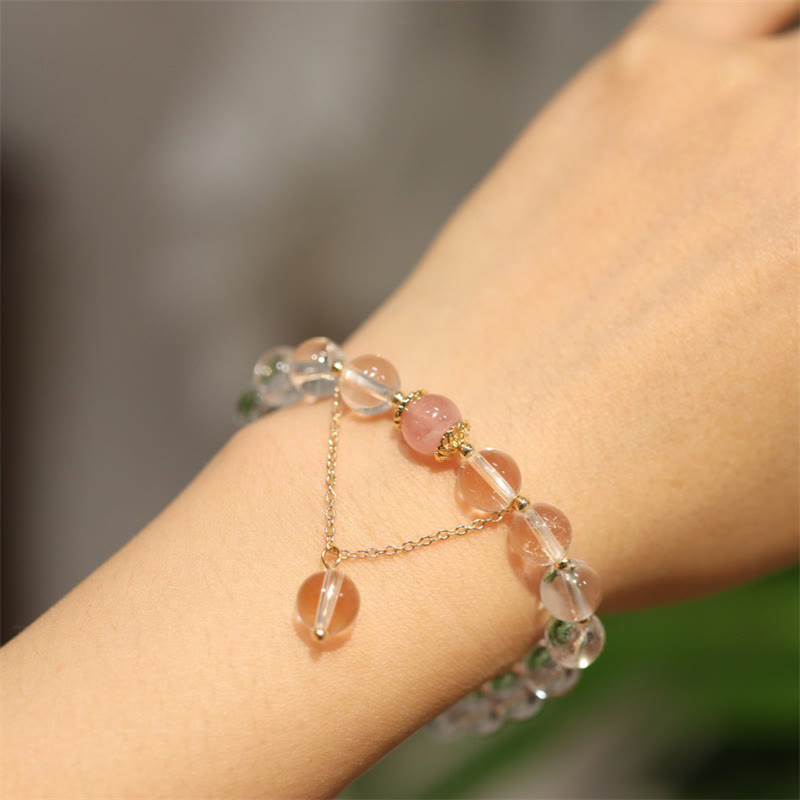 Yin Yang Couple Natural Crystal Bracelet with Silver Sheen Obsidian, Rose Quartz & Gold Accents