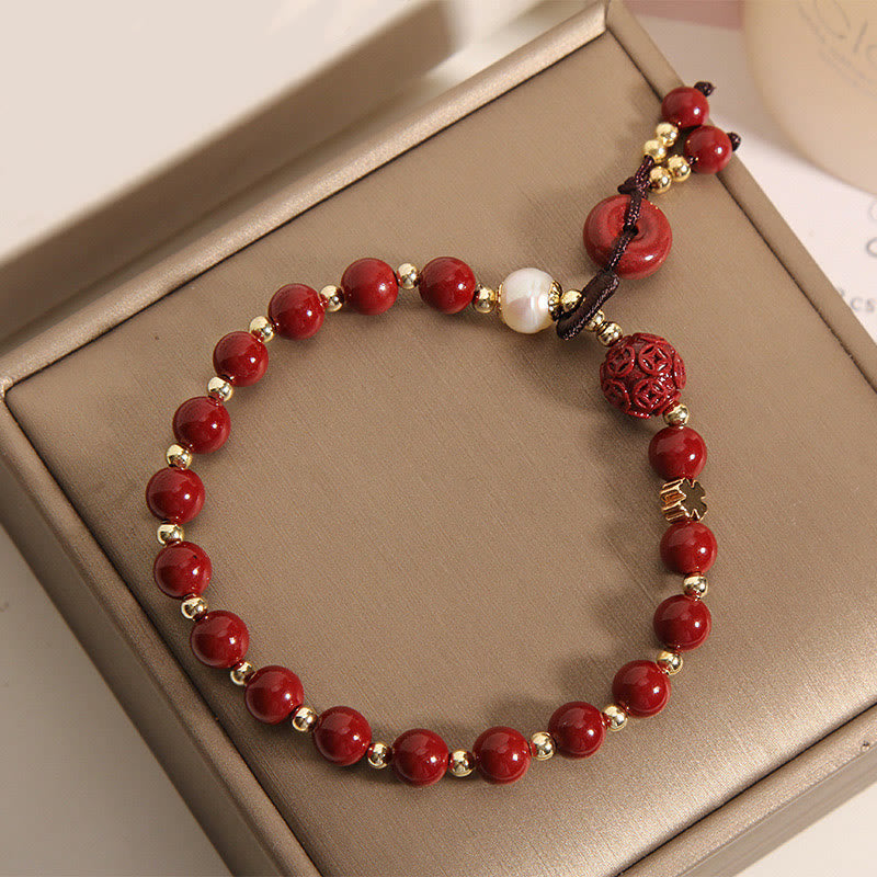 Natural Cinnabar Peace Buckle Copper Coin Charm Blessing Bracelet