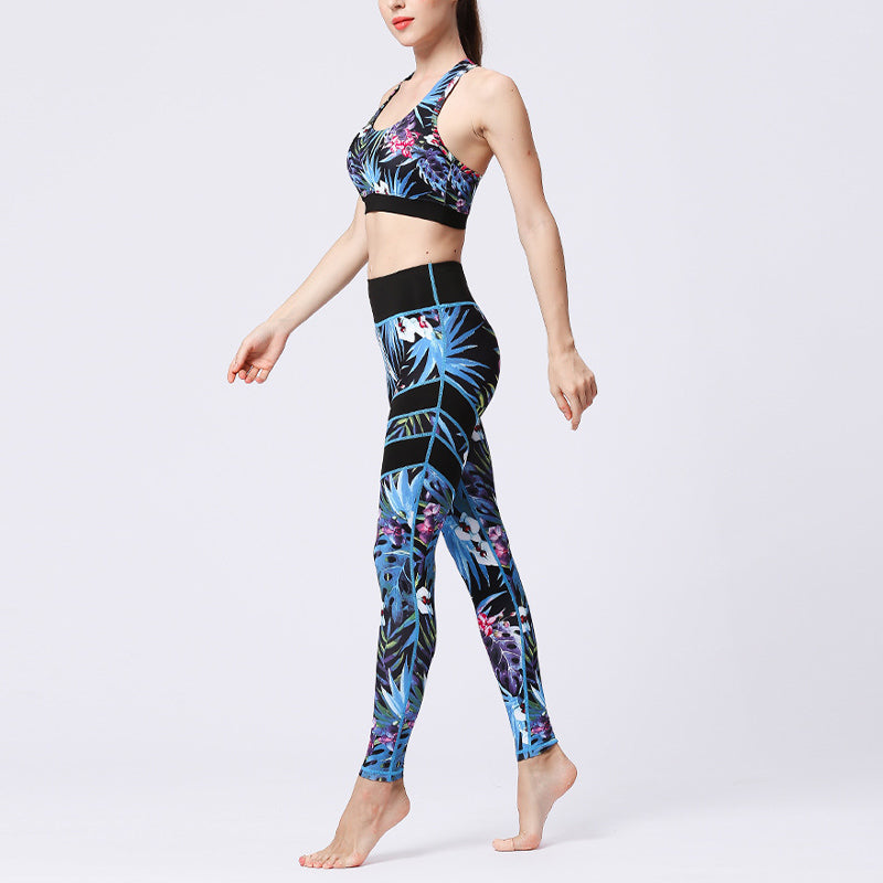 2Pcs Sunflower Flowers Leaves Print Top Pants Sports Fitness Yoga Women's Yoga Sets