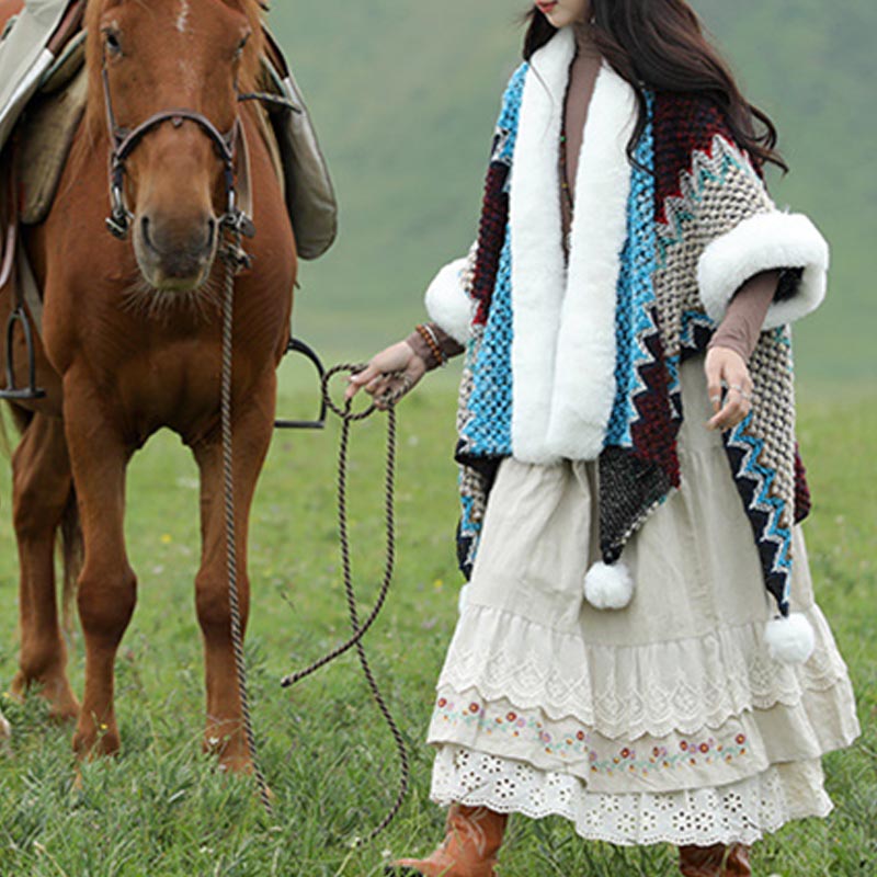 Tibetan Multicolored Wavy Lines Knitted Striped Shawl Coat Winter Cozy Travel Scarf Wrap