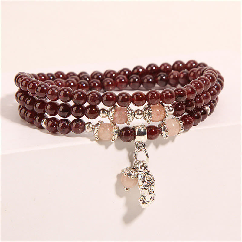 Natural Garnet Strawberry Quartz Green Beans PiXiu Protection Triple Wrap Bracelet