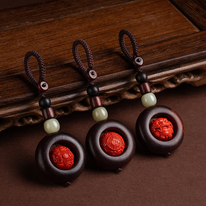 Red Sandalwood & Jade Cinnabar Keychain with Om Mani Padme Hum, Pixiu, or Copper Coin