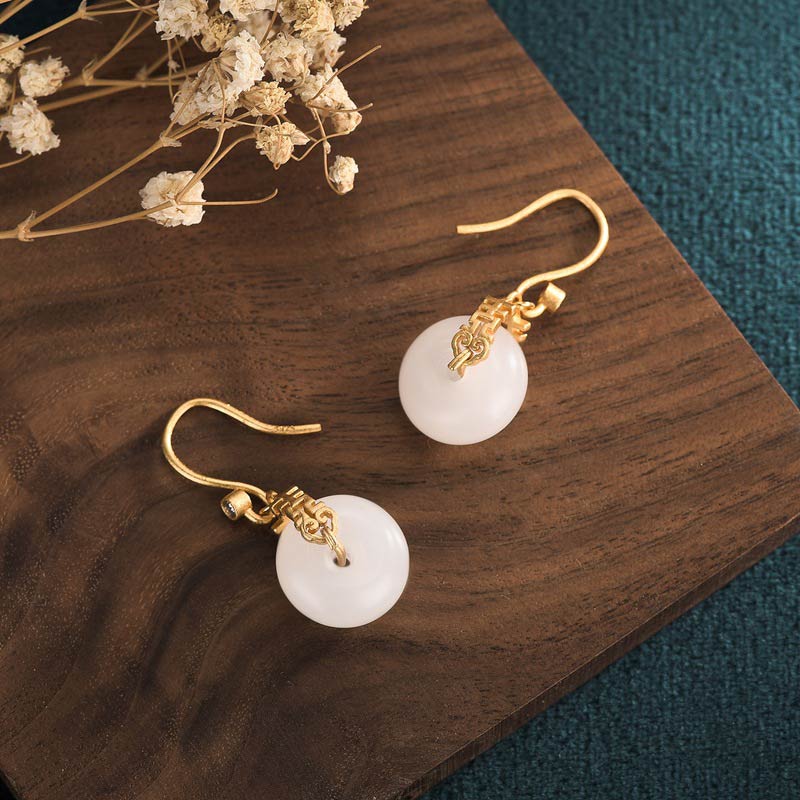 White Jade Double Happiness Fortune Earrings