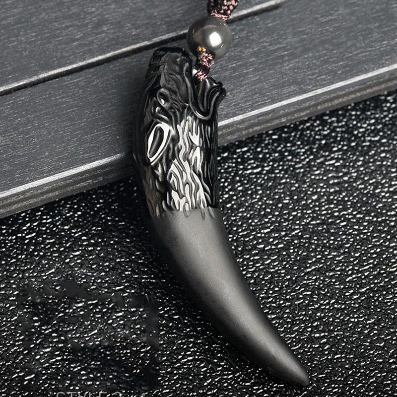 Natural Black Obsidian Ice Obsidian Rainbow Obsidian Wolf Tooth Pattern Strength Necklace Pendant