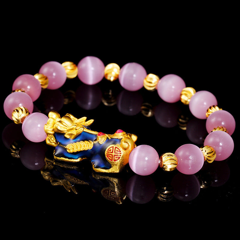 Natural Chrysoberyl Cat's Eye Beaded Bracelet with Pixiu Symbol