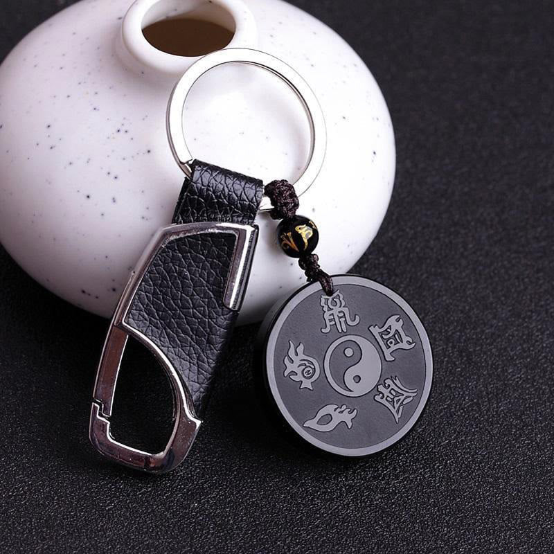 Natural Black Obsidian Taoism Five Sacred Mountains Nine-Character Mantra Carved Strength Yin Yang Necklace Pendant Key Chain
