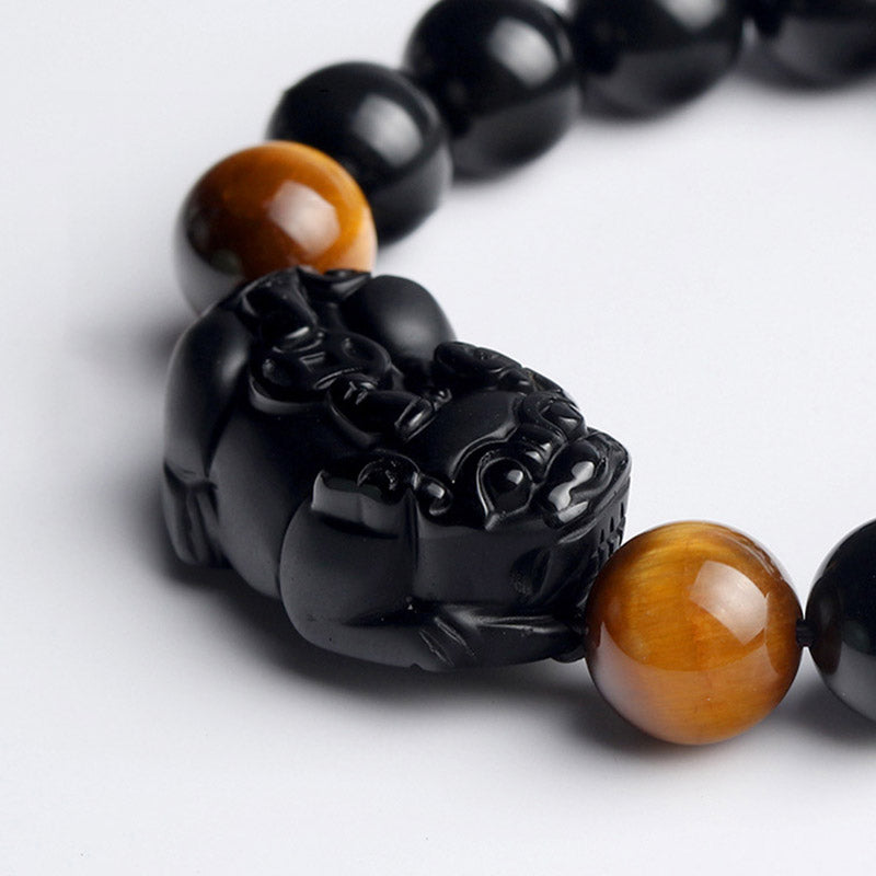 Handmade Rainbow Obsidian & Tiger Eye Pixiu Unisex Beaded Bracelet