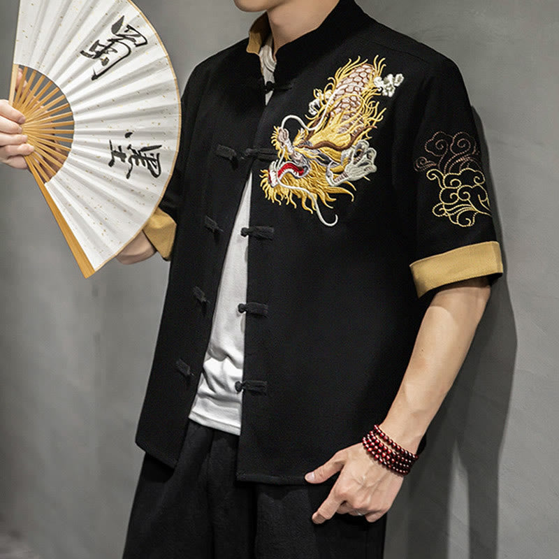Frog-Button Chinese Dragon Auspicious Cloud Embroidery Half Sleeve Shirt Cotton Linen Men Clothing