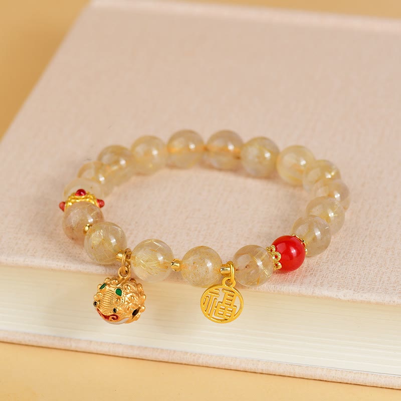 Natural Golden Rutilated Quartz Bracelet with Fu Character Charm and Ritual Bell