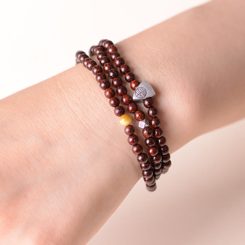 925 Sterling Silver Indian Small Leaf Red Sandalwood Fu Character Protection Triple Wrap Bracelet