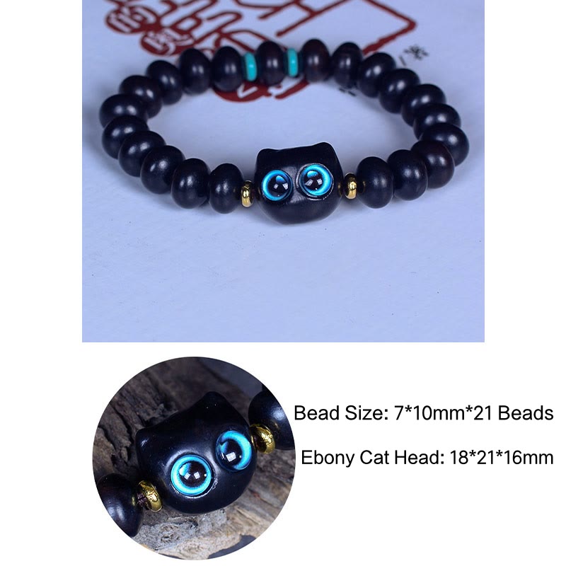 Natural Ebony Wood and Liuli Glass Lucky Cat Beaded Bracelet for Cat Lovers