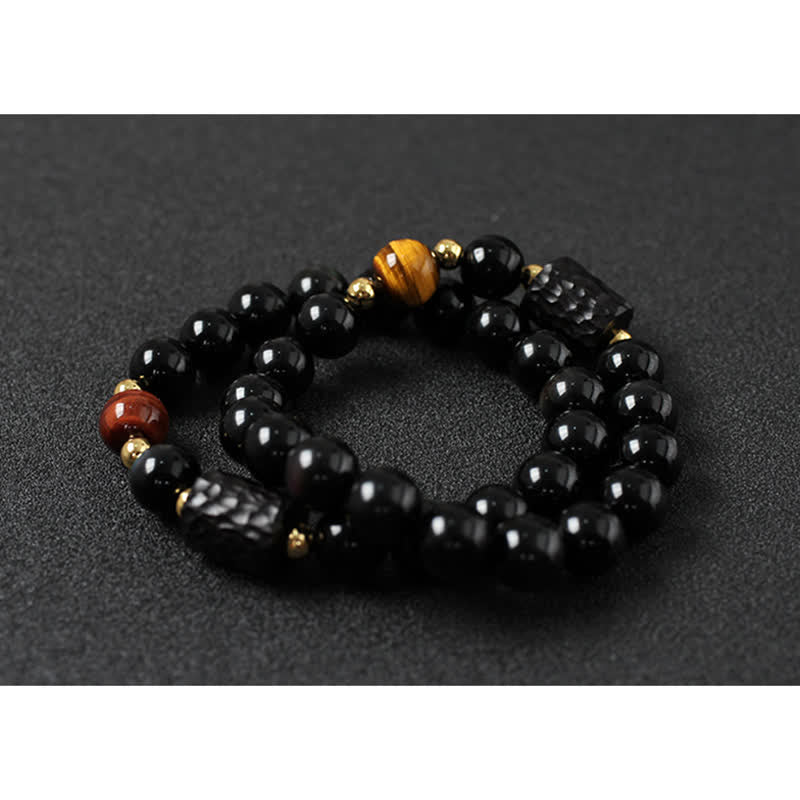 Ebony Wood & Black Obsidian Gold Sterling Silver Tiger Eye Beaded Couple Bracelet