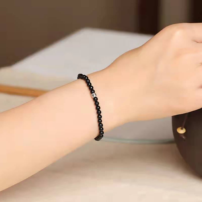 Minimalist Natural Black Obsidian and Smoky Quartz Beaded Energy Bracelet