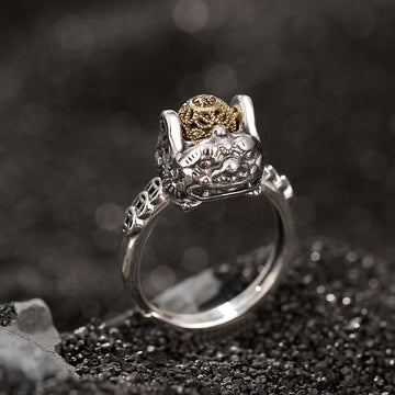 Adjustable 925 Sterling Silver Pixiu Chinese Coin Statement Ring