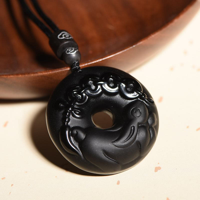 Chinese Zodiac Natural Black Obsidian Peace Buckle Strength Necklace Pendant