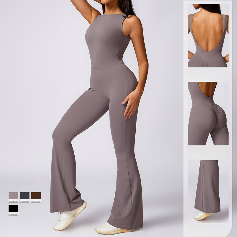 Women Casual Sleeveless Jumpsuit Flare Pants Sports Fitness Yoga Bodysuit
