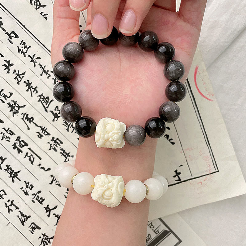 Silver Sheen Obsidian Bodhi Seed Ivory Fruit Dancing Lion Protection Bracelet