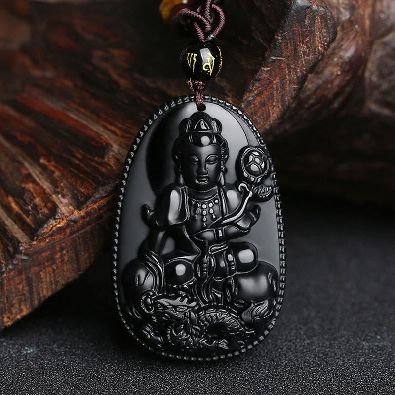Chinese Zodiac Natal Buddha Natural Black Obsidian Purification Necklace Pendant